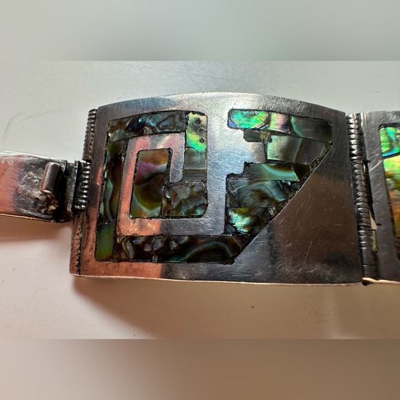 Rare Vintage Silver Mexico Abalone Shell Six Panel Link Bracelet - Picture 6 of 8